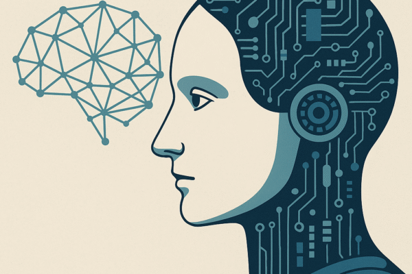 A side-profile illustration of a humanoid robot with circuit-like patterns on its head, facing a geometric brain symbol, representing the philosophical question of AI and consciousness.
