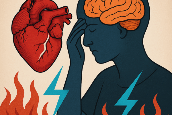 A symbolic digital illustration of a person in distress holding their head, with an exposed brain, a red anatomical heart, lightning bolts, and flames representing the intersection of physical pain, emotional suffering, and neural perception.