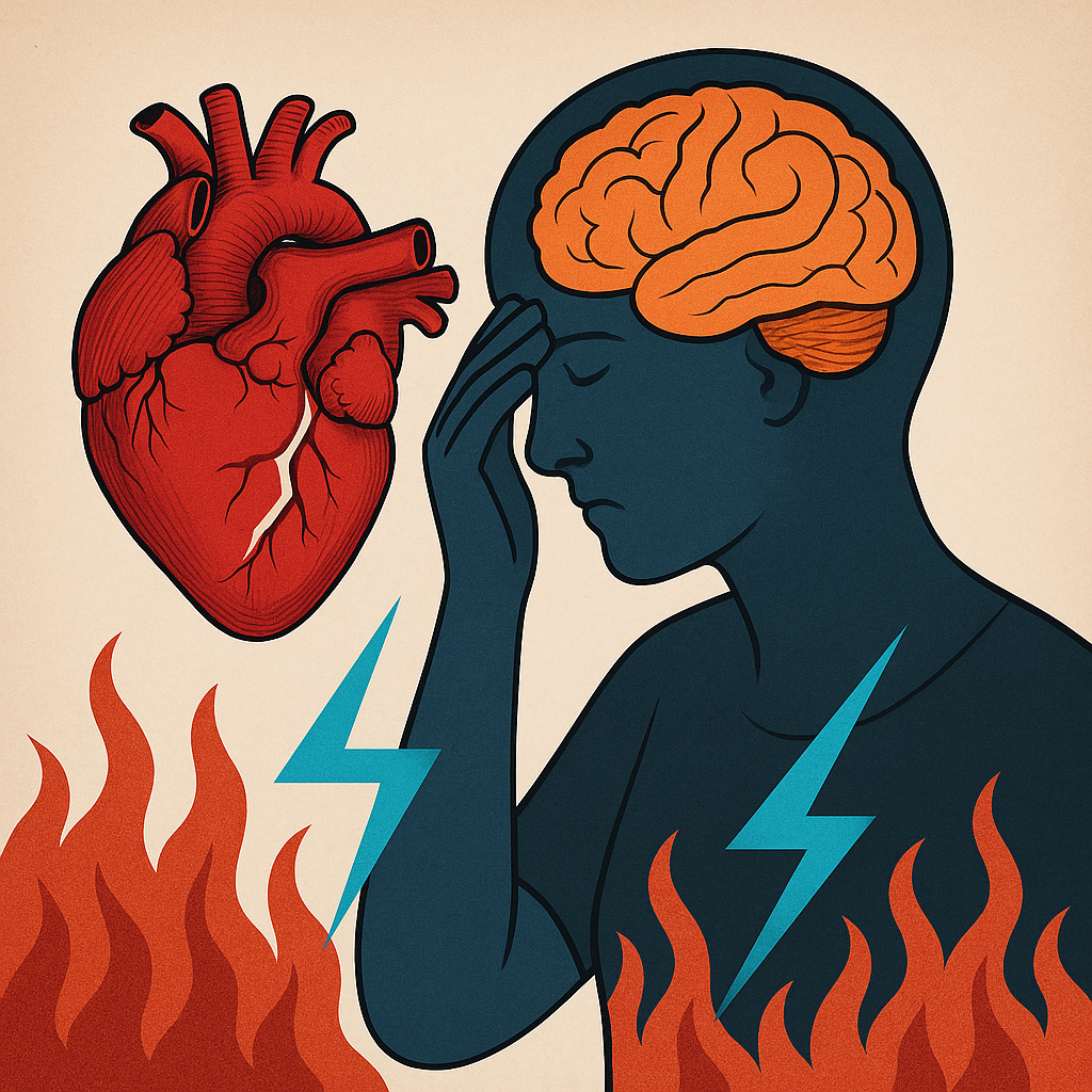 A symbolic digital illustration of a person in distress holding their head, with an exposed brain, a red anatomical heart, lightning bolts, and flames representing the intersection of physical pain, emotional suffering, and neural perception.