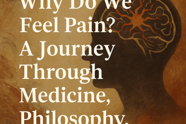 An abstract illustration of a human head with a highlighted brain, symbolizing pain perception through science, philosophy, and art.