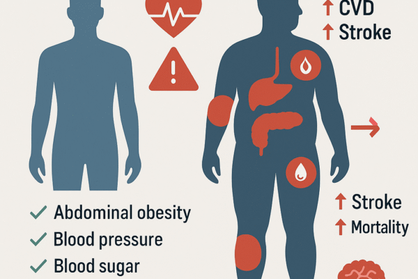 Metabolic Syndrome multiplies the risk of cardiovascular disease, stroke, and death. This visual contrasts healthy metrics with high-risk factors in MetS.
