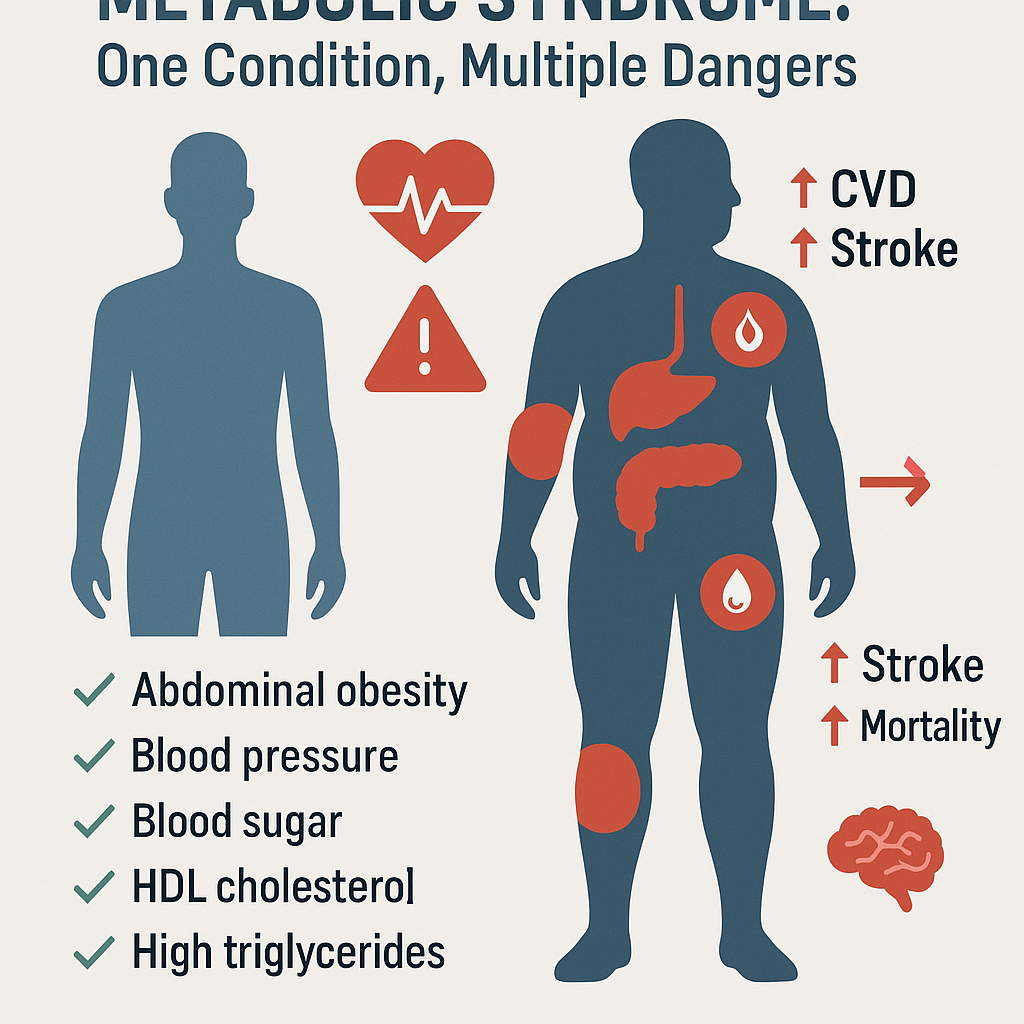 Metabolic Syndrome multiplies the risk of cardiovascular disease, stroke, and death. This visual contrasts healthy metrics with high-risk factors in MetS.