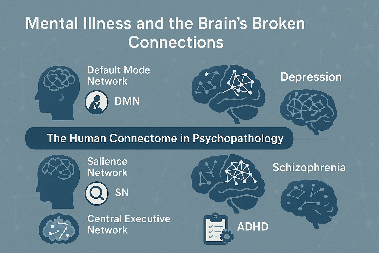 This visual compares normal brain network connectivity to disruptions seen in depression, schizophrenia, and ADHD. It highlights how dysfunction in the DMN, SN, and CEN contributes to psychopathology, based on connectome science.