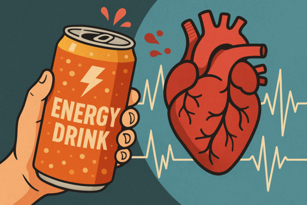 A flat-style digital illustration depicts a hand holding an energy drink can on the left, facing a red human heart on the right. The heart is reacting with stress lines and irregular heartbeat waves between them, symbolizing the cardiovascular risks linked to energy drink consumption.
