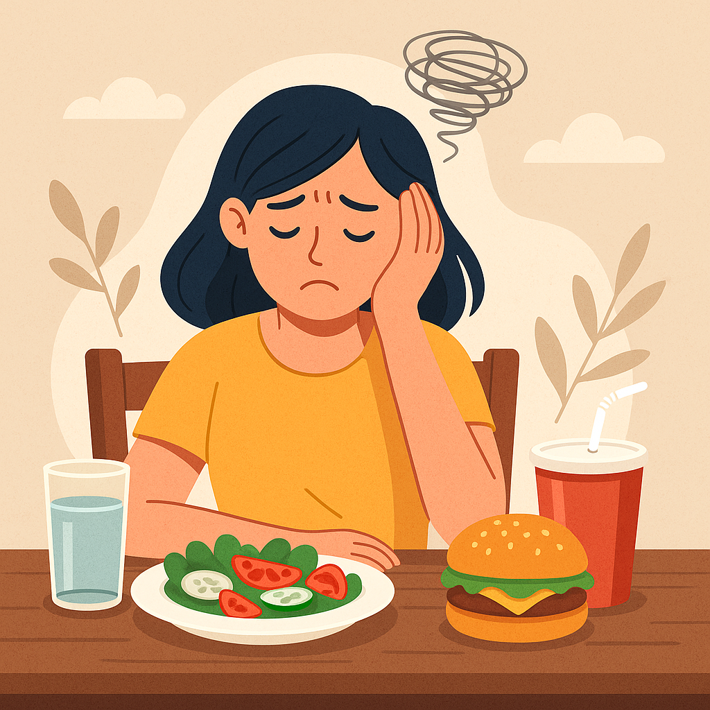Visual metaphor for diet frustration and decision fatigue. Ideal for articles on why most diets fail, emotional eating, or building healthy food habits.