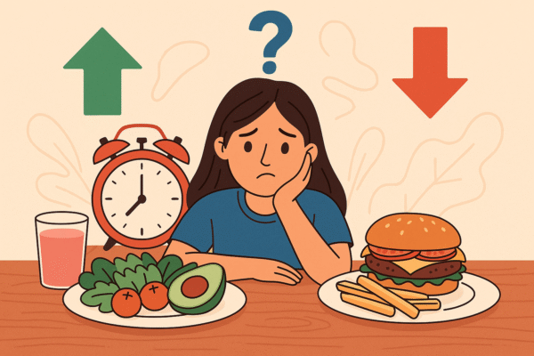 Colorful visual of a woman choosing between healthy and unhealthy food, highlighting diet decisions, snack timing, and nutrition dilemmas. Perfect for articles on meal frequency.