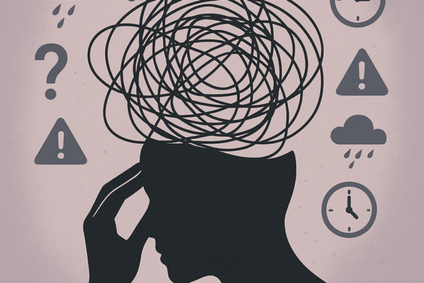 A digital illustration depicts a silhouette of a human head filled with tangled, overlapping thought lines spiraling in different directions. The person is shown holding their forehead, symbolizing mental fatigue. Surrounding the head are small icons: question marks, clocks, warning triangles, and storm clouds—visual metaphors for stress and worry. The background is muted with soft purples and greys to reflect inner chaos and emotional overload.
