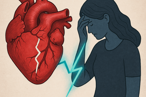 A stylized illustration showing a woman holding her head in sorrow beside a cracked anatomical heart, connected by a jagged blue lightning bolt, symbolizing emotional distress and its impact on heart health.