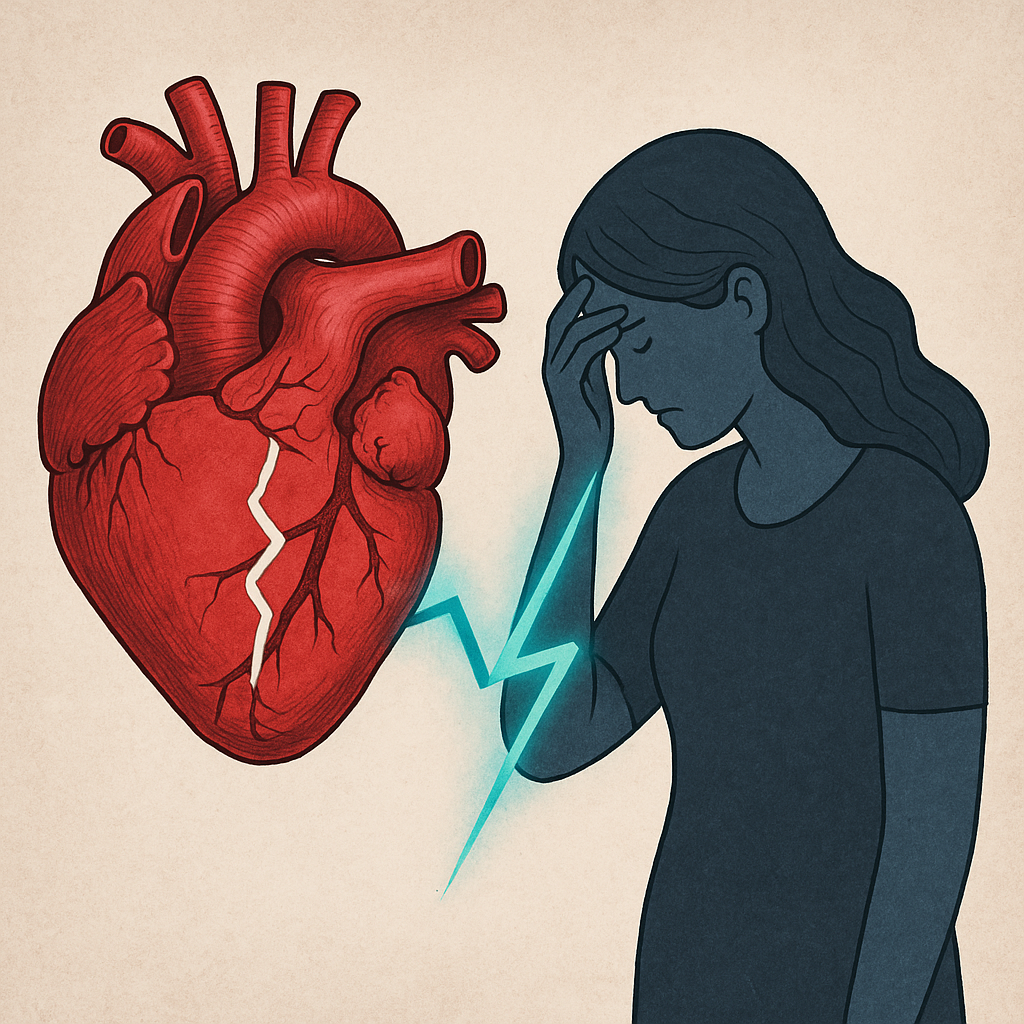 A stylized illustration showing a woman holding her head in sorrow beside a cracked anatomical heart, connected by a jagged blue lightning bolt, symbolizing emotional distress and its impact on heart health.