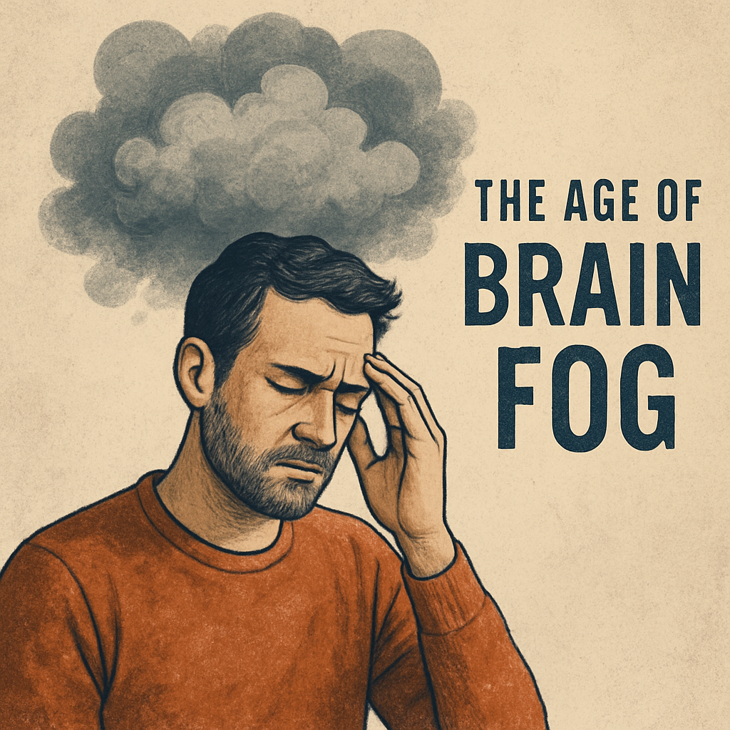 Illustration of a man pressing his temple with a gray cloud above his head—symbolizing brain fog and modern cognitive fatigue.