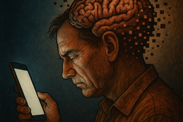 A man staring at his smartphone while his brain appears pixelated and fragmented, symbolizing digital dementia and memory loss