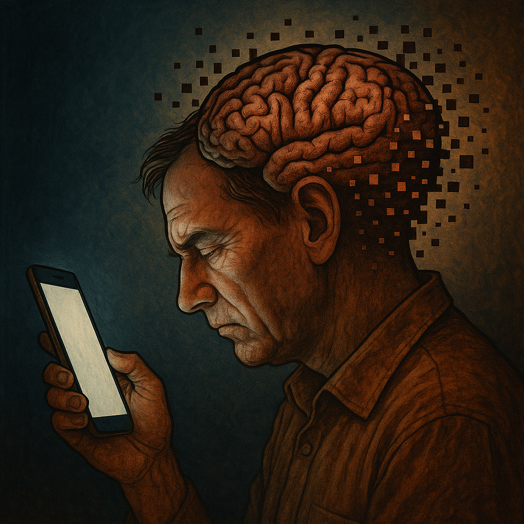 A man staring at his smartphone while his brain appears pixelated and fragmented, symbolizing digital dementia and memory loss