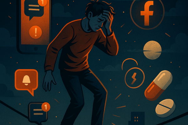 A young man balancing on a tightrope above a city, surrounded by social media icons, clocks, notifications, and medication — symbolizing modern anxiety and stress.