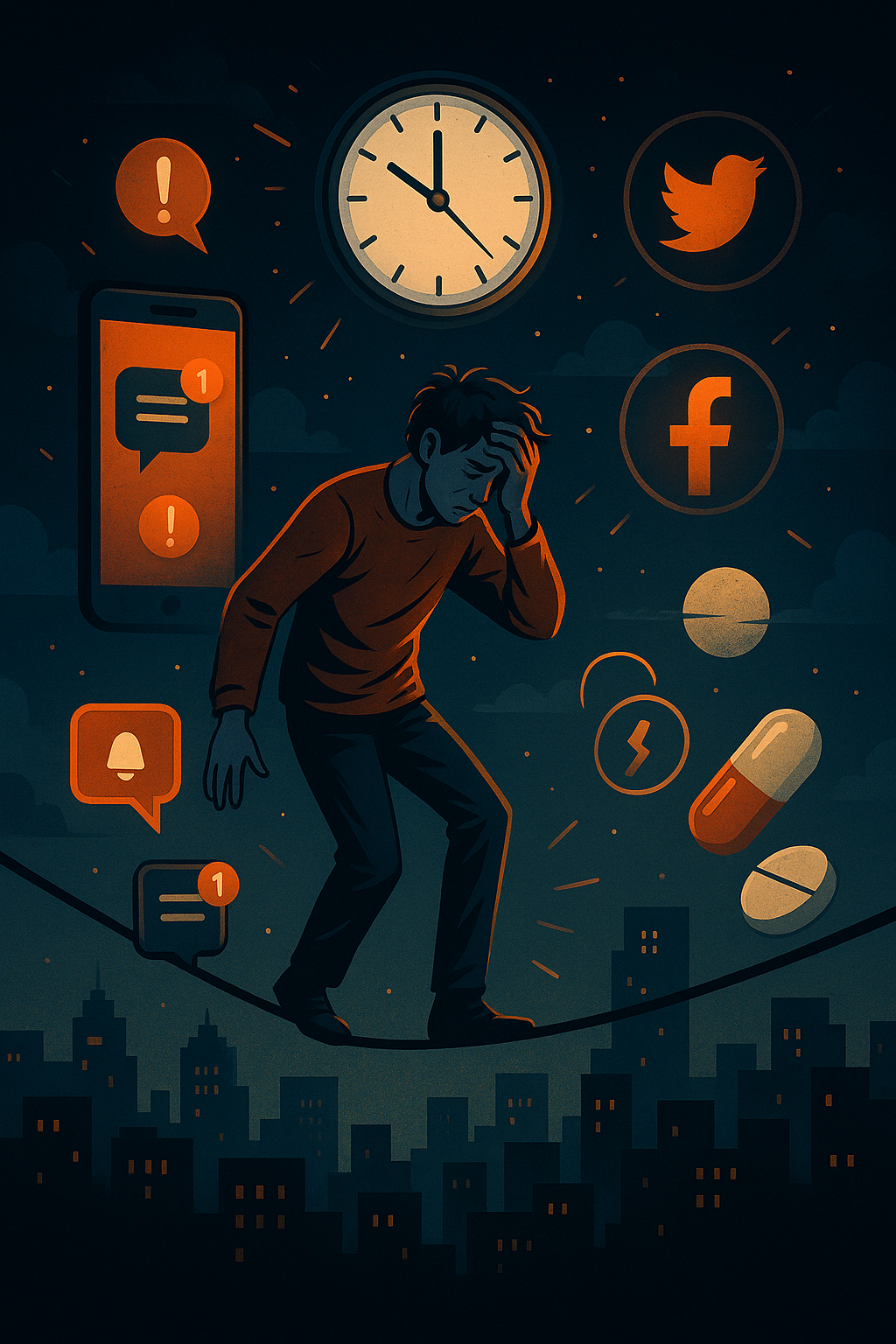 A young man balancing on a tightrope above a city, surrounded by social media icons, clocks, notifications, and medication — symbolizing modern anxiety and stress.