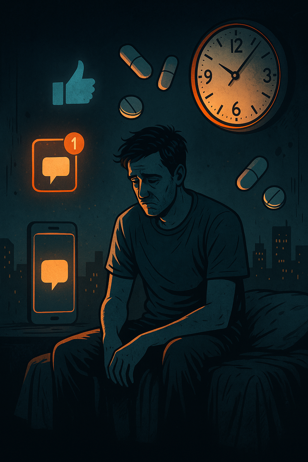 "A depressed man sitting on his bed at night, surrounded by social media notifications, pills, and a glowing clock — symbolizing the emotional toll of modern life.- major depressive disorder-"