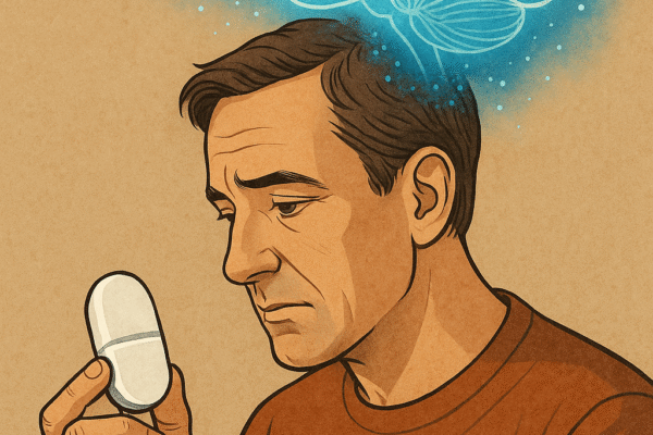 Illustration of a man holding a large placebo pill, with a glowing brain above him—symbolizing the cognitive and emotional power of belief in healing. Neuroscience, Mind-Body, Psychiatry, Ethics, Philosophy of Medicine, Healing, Placebo Studies