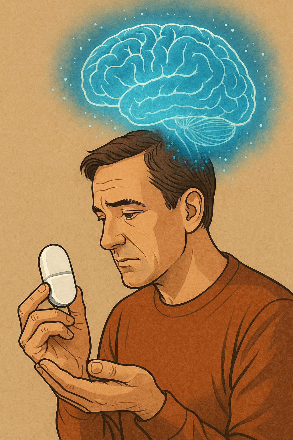 Illustration of a man holding a large placebo pill, with a glowing brain above him—symbolizing the cognitive and emotional power of belief in healing. Neuroscience, Mind-Body, Psychiatry, Ethics, Philosophy of Medicine, Healing, Placebo Studies