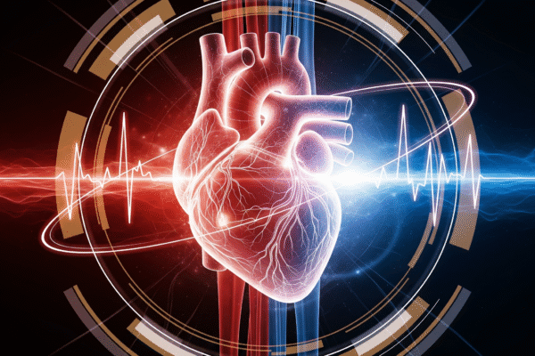 A stylized, glowing human heart at the center, surrounded by abstract lines and pathways representing blood flow and electrical activity. The image uses vibrant reds and blues, with protective golden and white elements, symbolizing advanced medical care and vitality. Cardiology