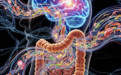 Abstract representation of the human gut and brain interconnected by neural pathways and microbial elements, depicting the gut-brain axis in vibrant colors.