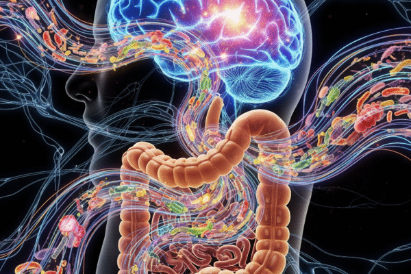 Abstract representation of the human gut and brain interconnected by neural pathways and microbial elements, depicting the gut-brain axis in vibrant colors.