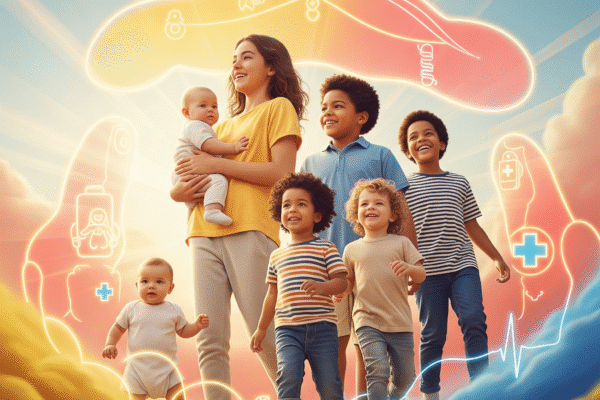 A vibrant, hopeful image depicting diverse children (infant, toddler, child, adolescent) in various stages of healthy development, surrounded by abstract elements symbolizing protection, growth, and medical care, with warm, inviting colors.