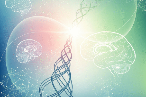 An abstract, ethereal image symbolizing mental well-being and the complexities of the mind, featuring interconnected neural pathways, subtle brain outlines, and a central bright light representing clarity and healing, set against a calming gradient of blues, greens, and pinks.