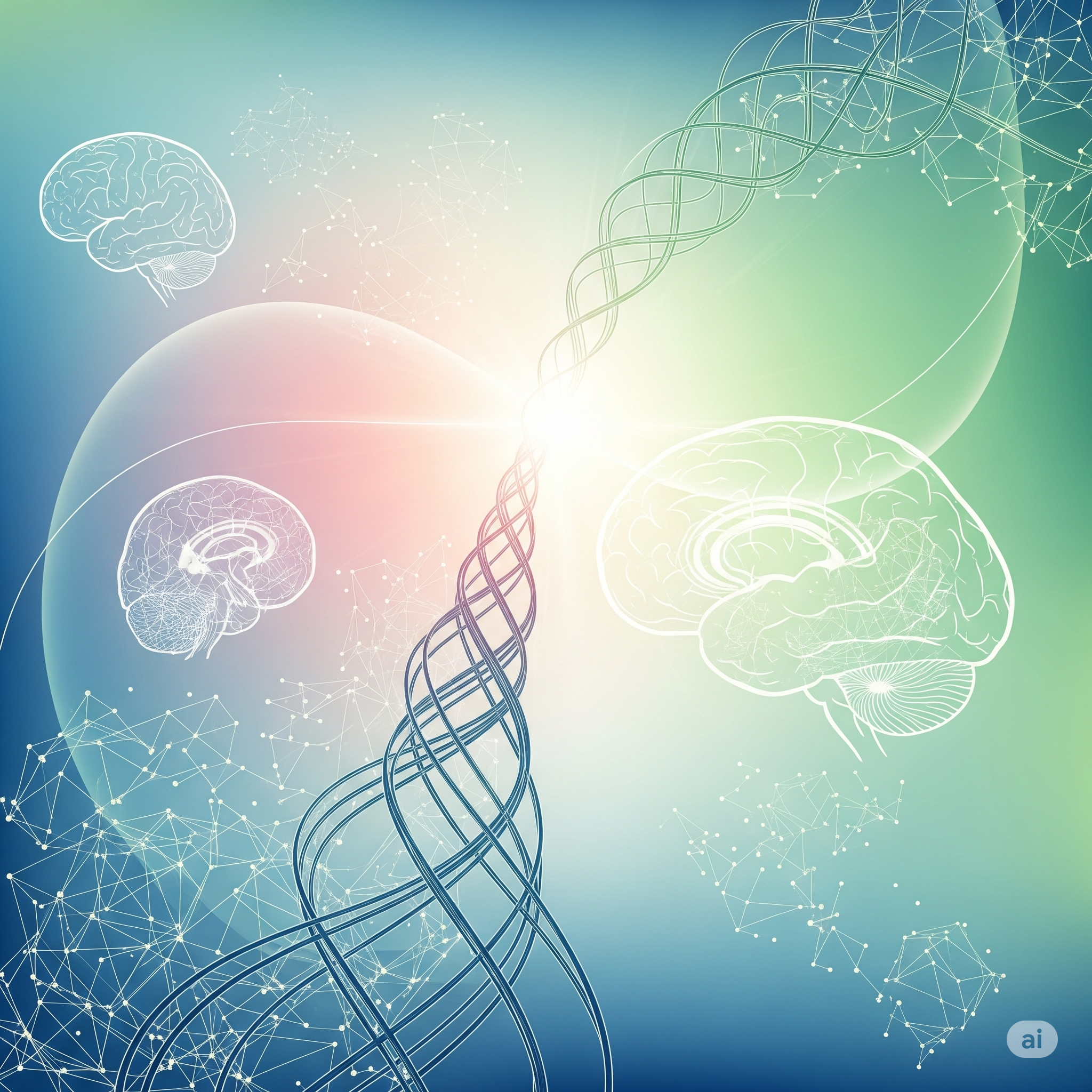 An abstract, ethereal image symbolizing mental well-being and the complexities of the mind, featuring interconnected neural pathways, subtle brain outlines, and a central bright light representing clarity and healing, set against a calming gradient of blues, greens, and pinks.