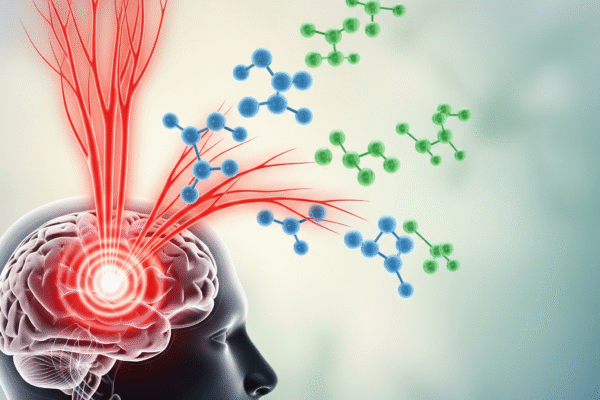 A conceptual image showing red pain signals originating from a human brain, being intercepted and alleviated by blue and green molecules, representing the action of analgesics.