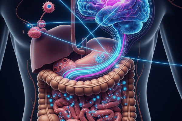 A creative and abstract representation of the human gastrointestinal system, showing the gut as a vibrant ecosystem with glowing microorganisms and neural pathways connecting it to the brain.