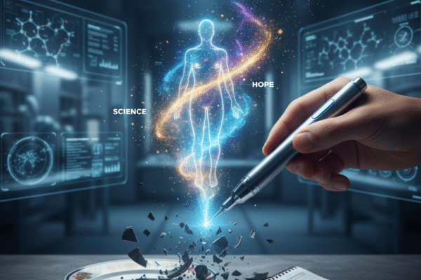 "A futuristic image symbolizing the shift in obesity treatment. A hand injects a glowing serum into a holographic human figure, breaking a traditional diet plate below. Text reads 'THE DIET IS DEAD.' Science and hope are integrated into the visual."