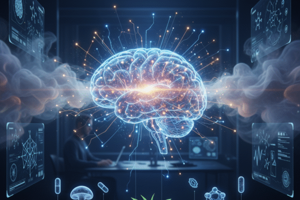 "A vivid image depicting a glowing, highly active brain surrounded by neural pathways and scientific data. Below, biohacking elements like mushroom supplements and plant extracts are shown. Text overlay: 'NOOTROPICS: UNLOCK SUPERHUMAN FOCUS. The Biohacking Secret to Eliminating Brain Fog.'"
