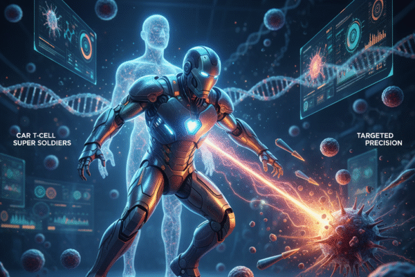 "Futuristic image depicting an Iron Man-like 'CAR T-cell super soldier' fighting cancer cells, with a glowing holographic human figure in the background and advanced genetic data displays. Text: 'THE END OF CHEMOTHERAPY? Immunity: The Ultimate Cure.'" immune system